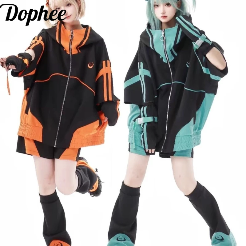 Winter Clothing Deals - Dophee-サブカルチャースパイスガールズスポーツスーツ、ルーズ半袖カーディガン、コート、エラスティックウエストルーズショーツセット、カラーブロック、y2k