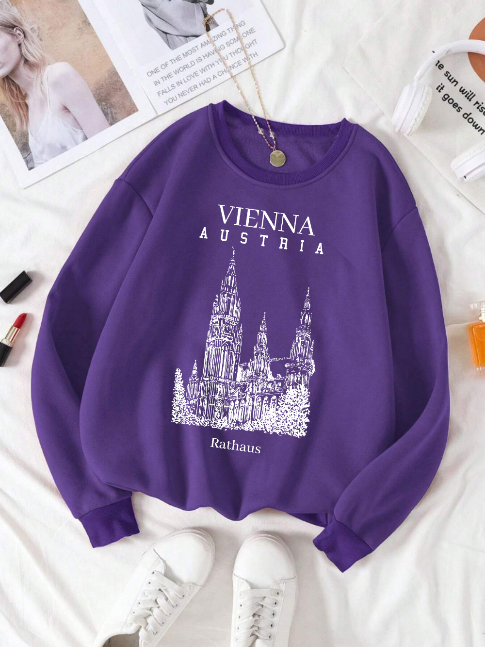 Winter Clothing Vienna - ウィーンオーストリア Rathaus プリント女性トレーナークルーネックオールマッチプルオーバーフリース秋ストリート女性 Y2K ルーズ服