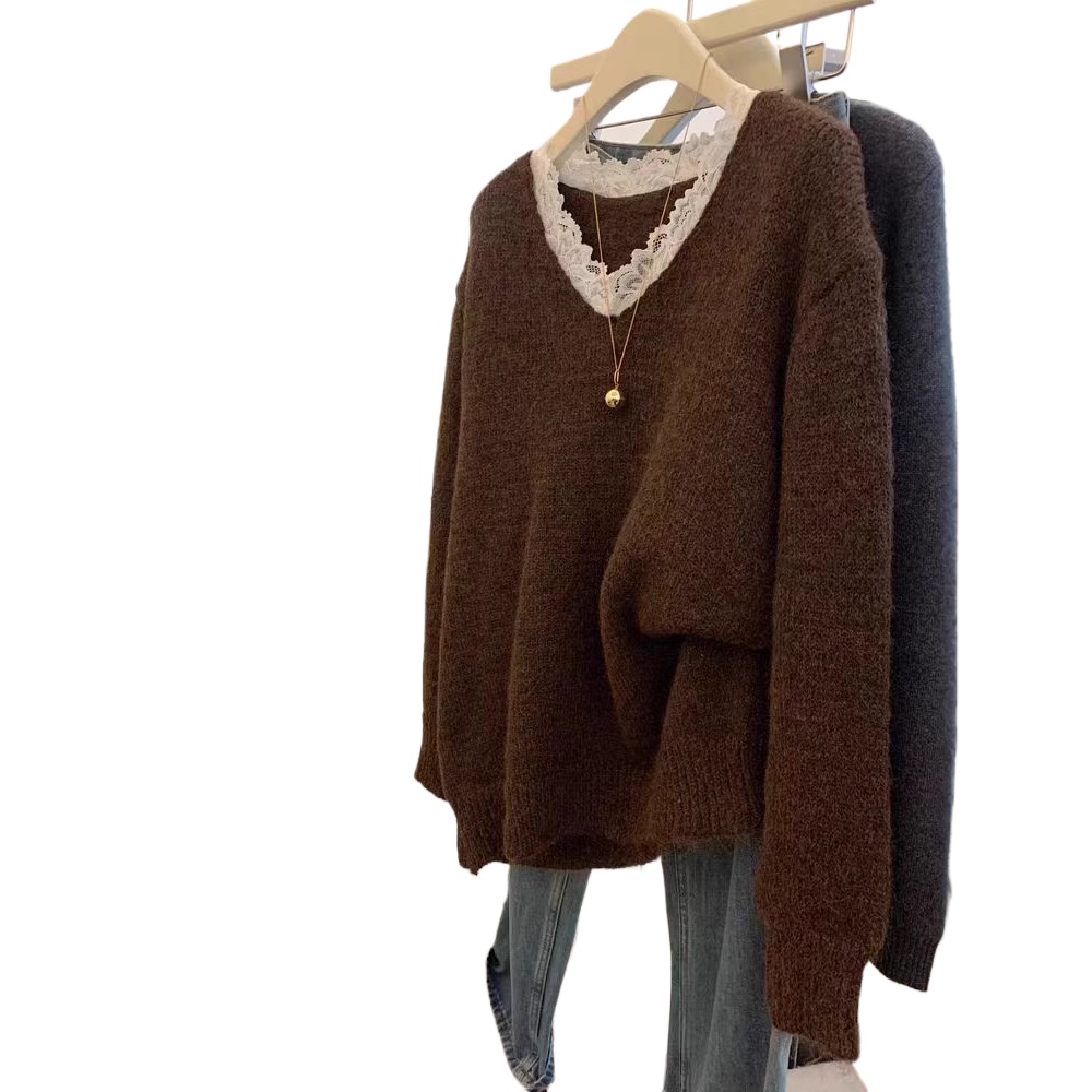 Winter Clothing Colors 2026 - 2026年秋冬新作、気質を引き立てるコントラストカラー、ゆったりとした風合いのレース編みニットセーター、多用途トップス