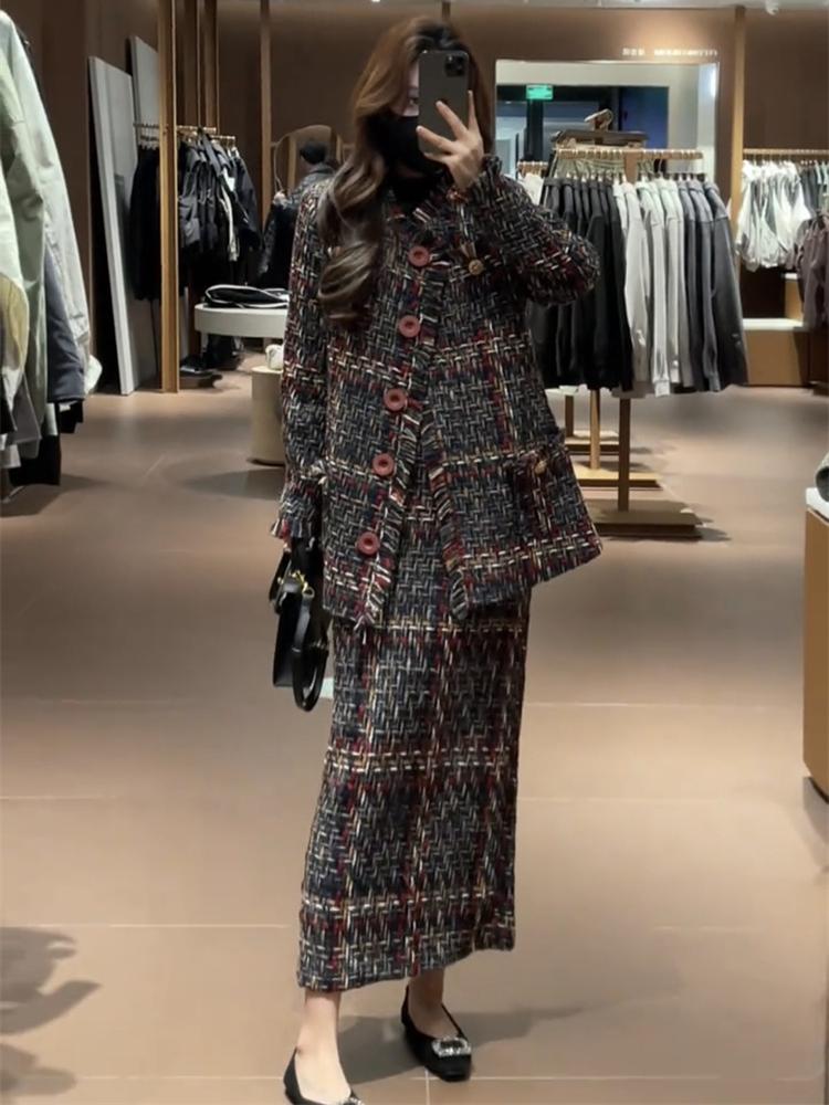 Winter Clothing Deals - 冬の新作レディースファッション、高級感のある雰囲気の粗織り、小香風コート＋ハーフスカート、エレガントなツーピースセット