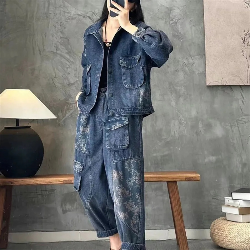 Winter Clothing Deals - 2025 秋のデニムジャケットスーツチェック柄ストライプシャツ襟ファッションセット女性の 2022 春の新コートカジュアルジーンズ 2 点セット