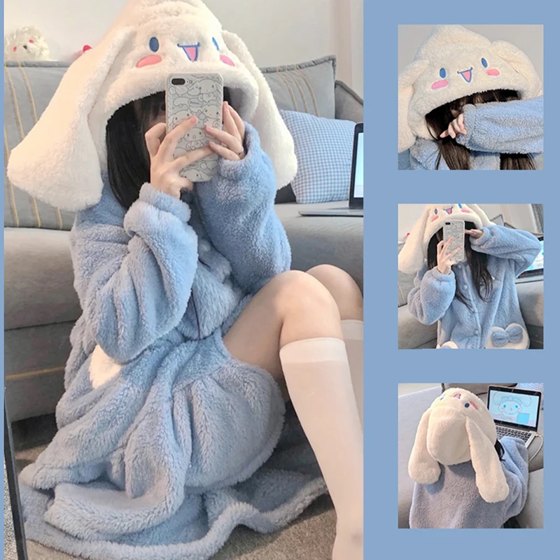 Winter Clothing Deals - 2 個ハローキティぬいぐるみパジャマセット漫画クロミシナモロールフード付きパジャマ女の子ロングスタイルバスローブ厚みのあるホーム服